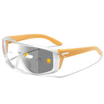 Yellow Wraparound sport sunglasses shown at angle with photochromic lens shading diagram