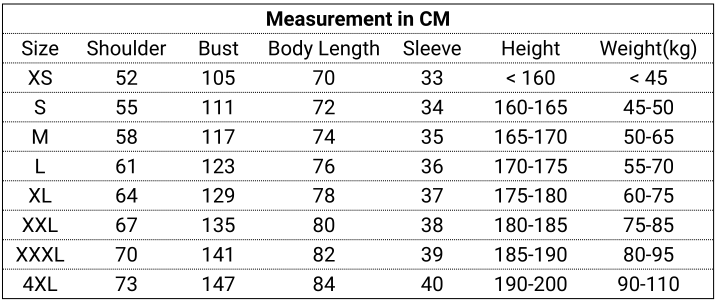 Size chart for Zesty Zebra Kimono