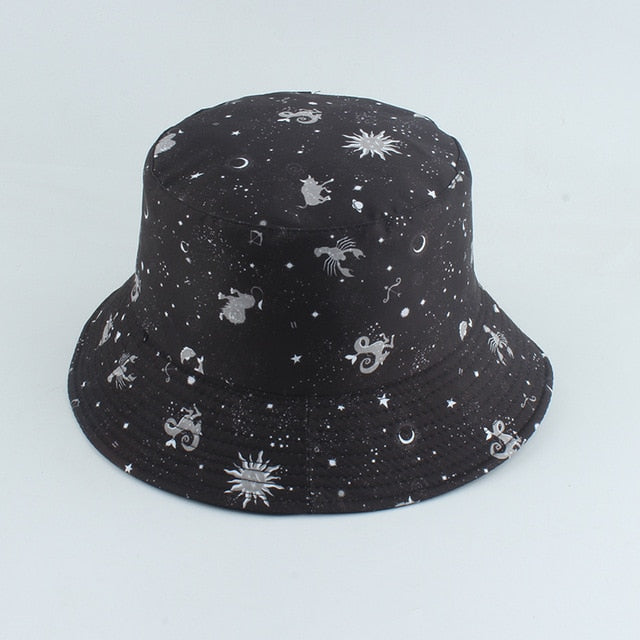 Black Bucket hat shown in angled view with celestial sun moon star print