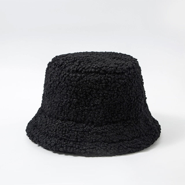 Black Shearling bucket hat shown in flat lay front view on plain background