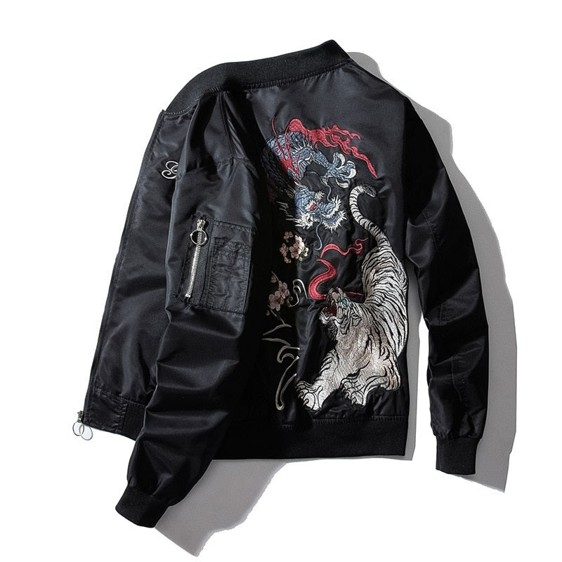 Black Thick Jacket Dragon bomber jacket flat lay showing sleeve pocket and dragon tiger embroidery on back