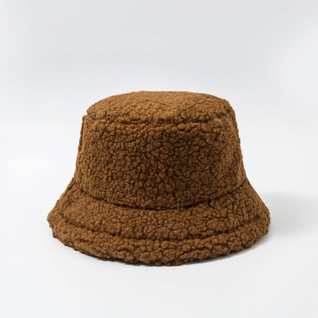 Brown Shearling bucket hat shown in flat lay front view on plain background