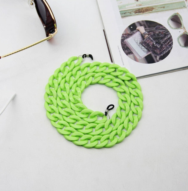 Green Glasses chain coiled flat lay showing clip-on lobster hooks