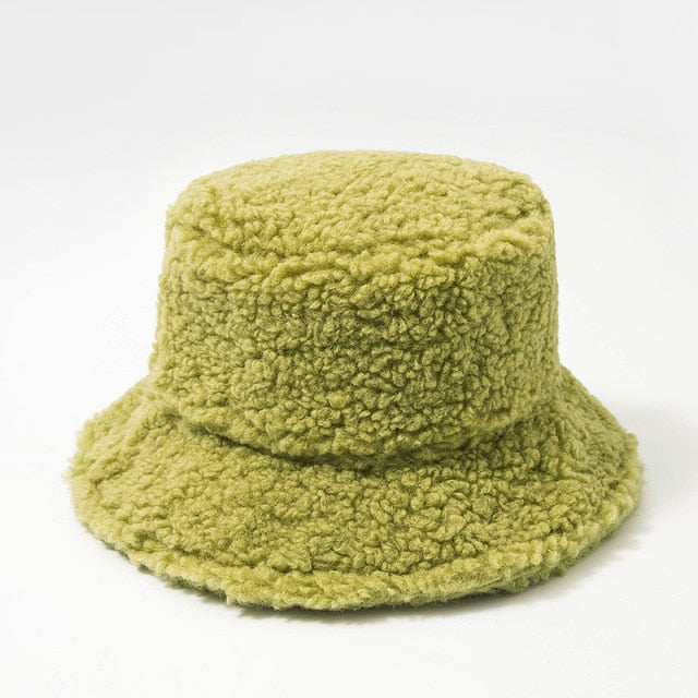 Green Shearling bucket hat shown in flat lay front view on plain background
