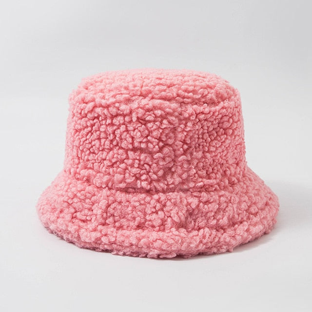 Pink Shearling bucket hat shown in flat lay front view on plain background
