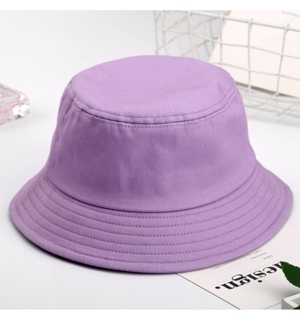 Purple Kids bucket hat angled view showing crown seam and stitched brim