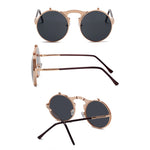 Rose Gold Steampunk flip sunglasses shown from front, side, and folded angles highlighting hinge mechanism