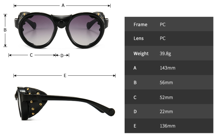 Size chart for Round Steampunk Sunglasses