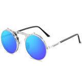 Silver Blue Steampunk flip sunglasses angled view with mirrored round flip-up lenses and silver frame