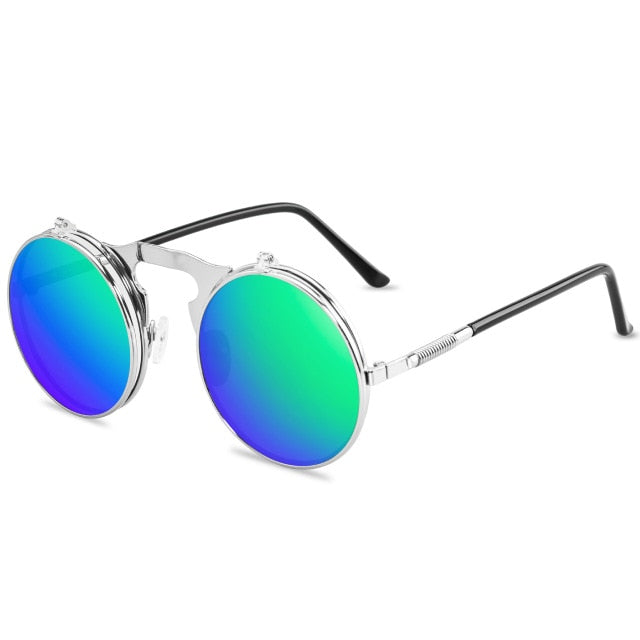 Silver Green Steampunk flip sunglasses angled view with mirrored round flip-up lenses