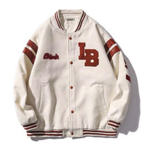 Beige Varsity jacket flat lay showing chenille LB patch and striped sleeves
