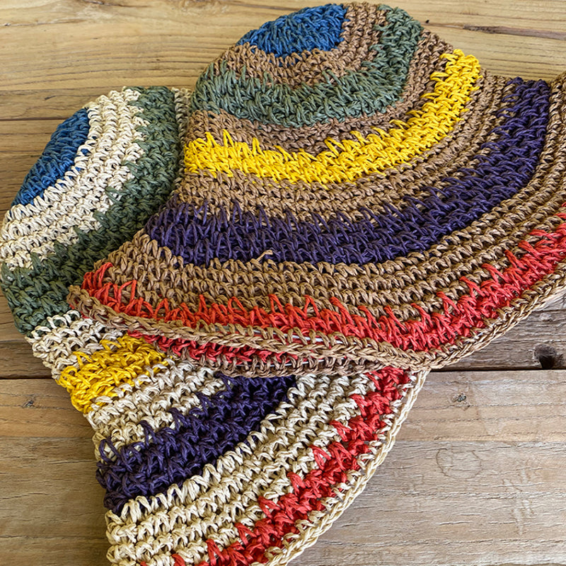 Tan Multicolor Crochet bucket hat folded flat showing brim and crown stripe pattern