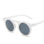White Grey Elegant round sunglasses angled view highlighting glossy frame and round tinted lenses