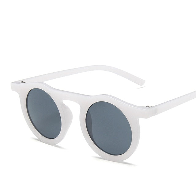 White Grey Elegant round sunglasses angled view highlighting glossy frame and round tinted lenses