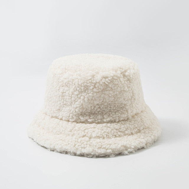 White Shearling bucket hat shown in flat lay front view on plain background